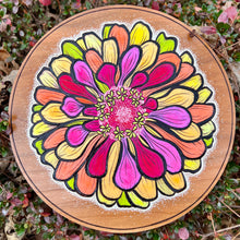 Load image into Gallery viewer, "Neon Zinnia" Pyrography Art