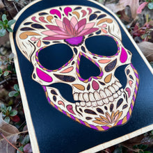 Load image into Gallery viewer, Lotus Sugar Skull Pyrography Art