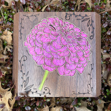 Load image into Gallery viewer, Walnut Zinnia Pyrography Art