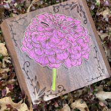 Load image into Gallery viewer, Walnut Zinnia Pyrography Art