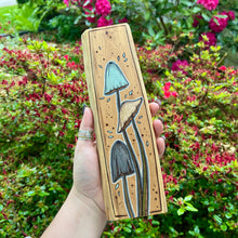 Load image into Gallery viewer, Tall Skinny Mushroom Trio Pyrography Art