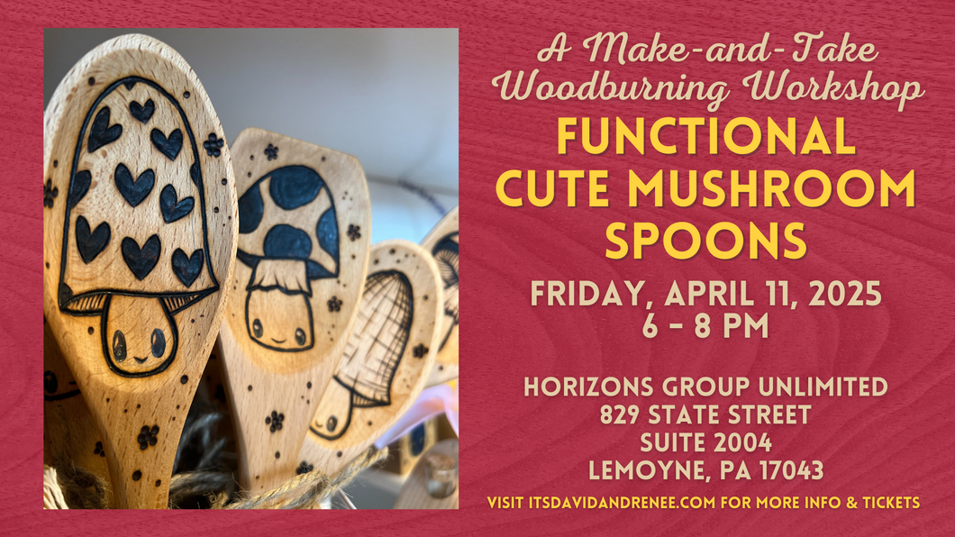 Cute Mushroom Spoons // A Make-and-Take Woodburning Workshop