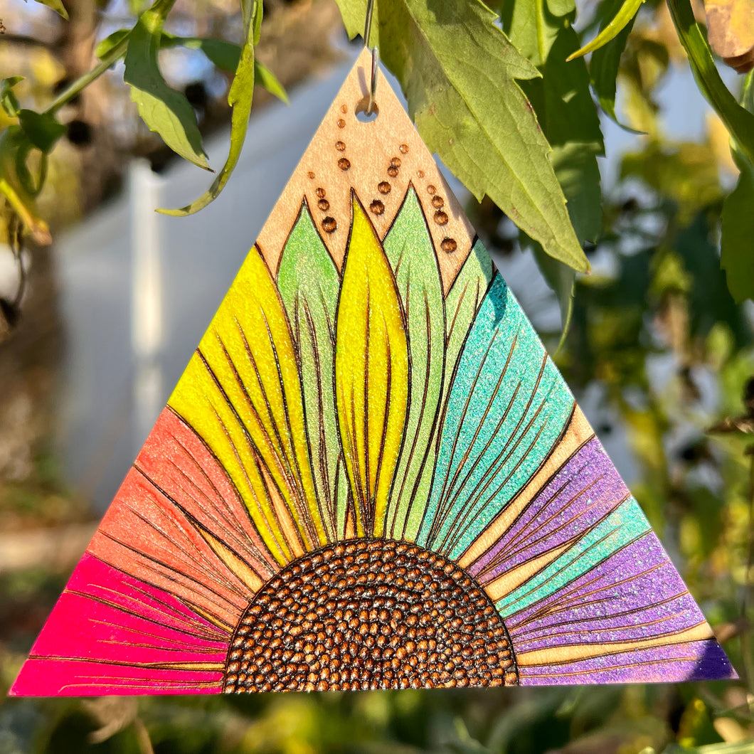 Glitter Rainbow Sunflower Pyrography Mini Art/Ornament