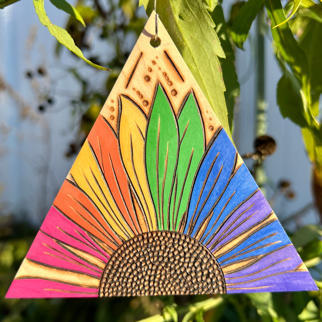 Matte Rainbow Sunflower Pyrography Mini Art/Ornament