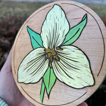 Load image into Gallery viewer, Gold Trillium Pyrography Art
