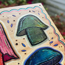 Load image into Gallery viewer, Box Elder Mushroom Trio Pyrography Art

