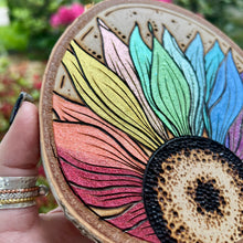 Load image into Gallery viewer, Rainbow Sunflower Pyrography Art
