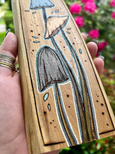 Load image into Gallery viewer, Tall Skinny Mushroom Trio Pyrography Art
