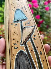 Load image into Gallery viewer, Tall Skinny Mushroom Trio Pyrography Art
