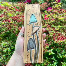 Load image into Gallery viewer, Tall Skinny Mushroom Trio Pyrography Art
